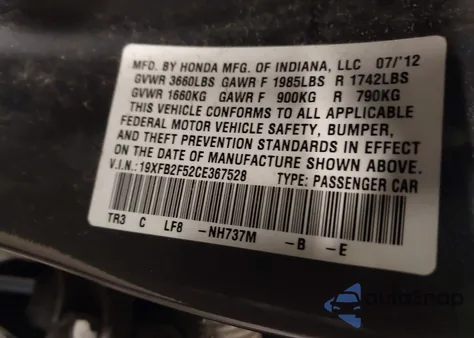 2012 Honda Civic Lx z USA, uszkodzony, nr VIN 19XFB2F52CE367528